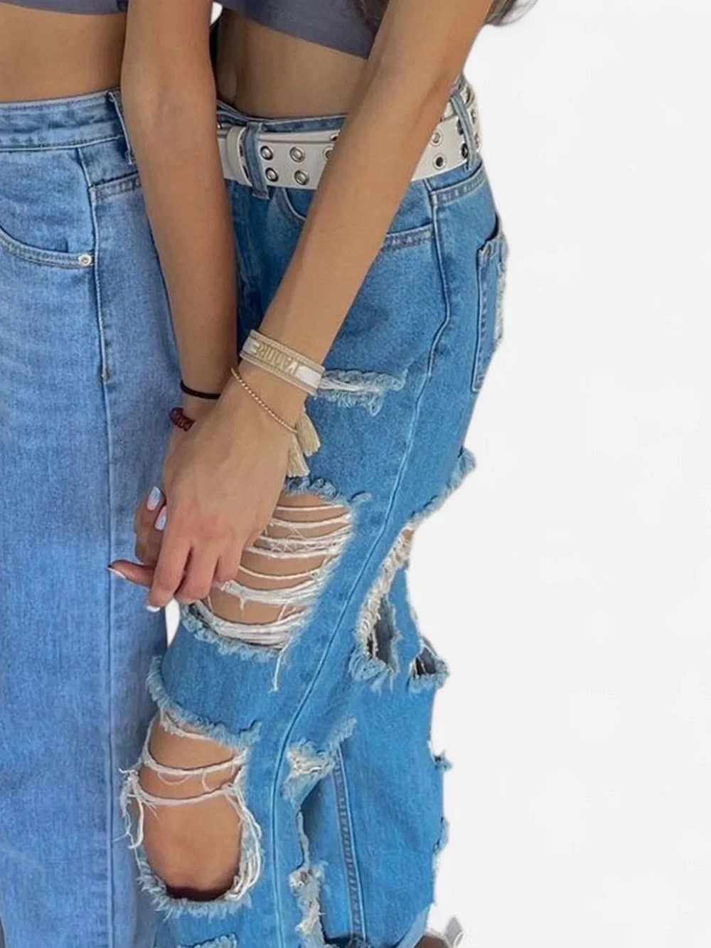 Distressed Light Blue Women's Ripped Jeans - Picture 6 of 8